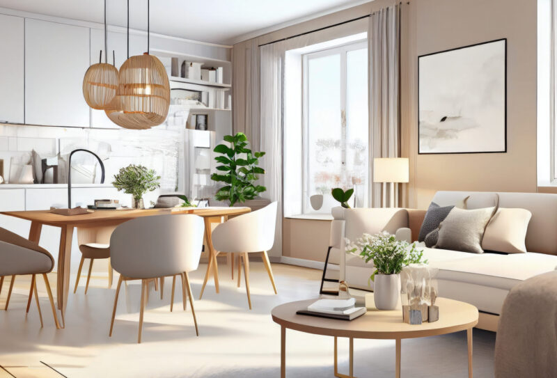 Stylish scandinavian living room with design mint sofa, furnitures, mock up poster map, plants and elegant personal accessories. Modern home decor. Bright and sunny room. Generative AI illustration